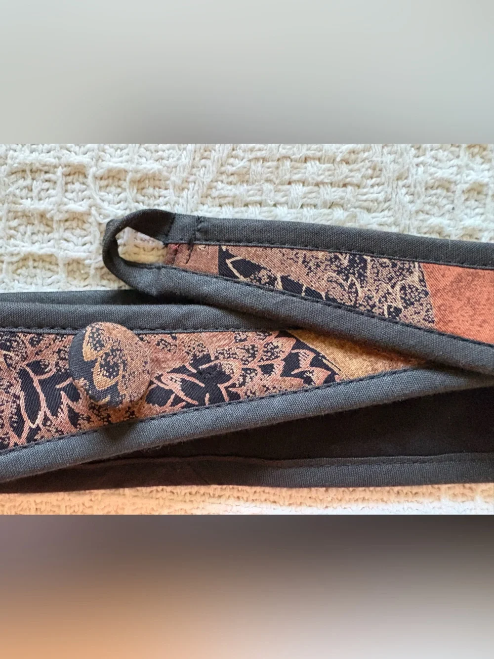 Hand made brown print & black cloth collar and belt set from Finland